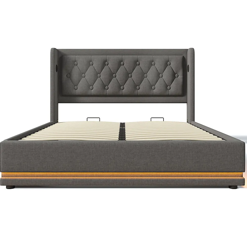 Lit adulte lit 140x200 cm lit rembourré hydraulique lit de rangement lit double coton gris>Gutent