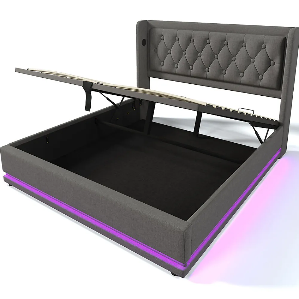 Lit adulte lit 140x200 cm lit rembourré hydraulique lit de rangement lit double coton gris>Gutent