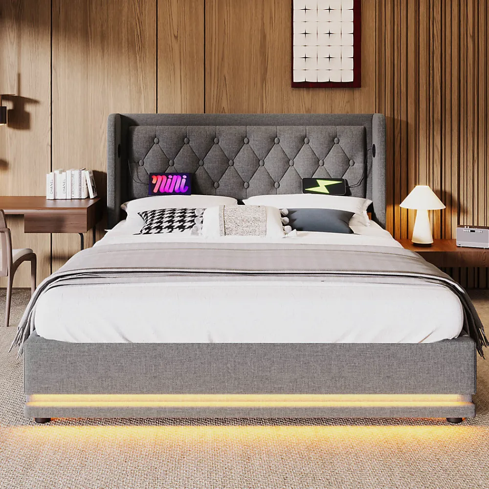 Lit adulte lit 140x200 cm lit rembourré hydraulique lit de rangement lit double coton gris>Gutent