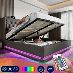 Lit adulte lit 160x200 cm lit rembourré hydraulique lit de rangement lit double coton gris>Gutent Discount