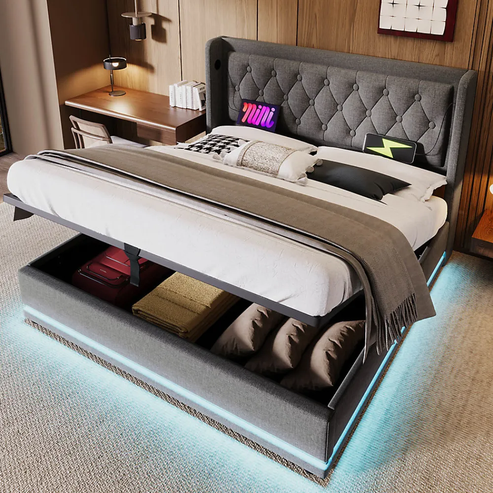 Lit adulte lit 160x200 cm lit rembourré hydraulique lit de rangement lit double coton gris>Gutent Discount