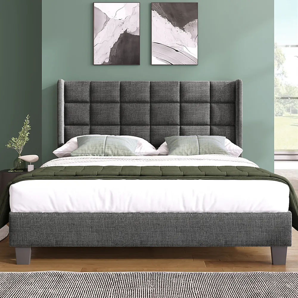 Lit adulte lit 140x200 cm lit rembourré lit sommier à lattes lit double lin gris>Gutent Online