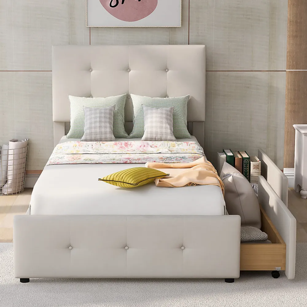 Gutent Lit adulte lit 90x200 cm lit rembourré lit 2 tiroirs lit sommier à lattes Single tissu en velours beige* Lit Simple