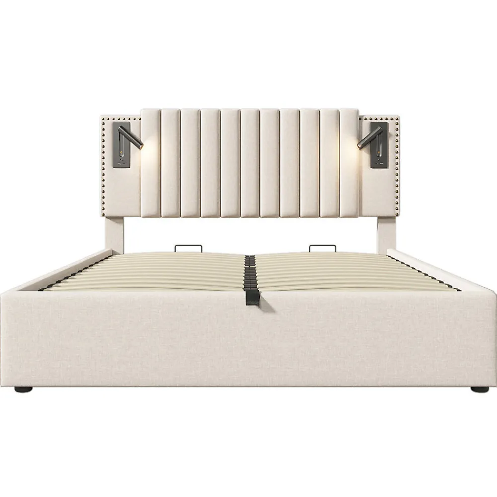 Lit adulte lit 140x200 cm lit rembourré lit de rangement avec sommier à lattes lit double coton beige>Gutent Sale