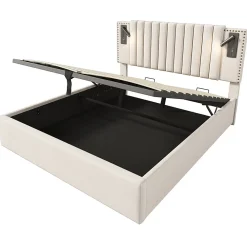 Lit adulte lit 140x200 cm lit rembourré lit de rangement avec sommier à lattes lit double coton beige><noscript><img width=