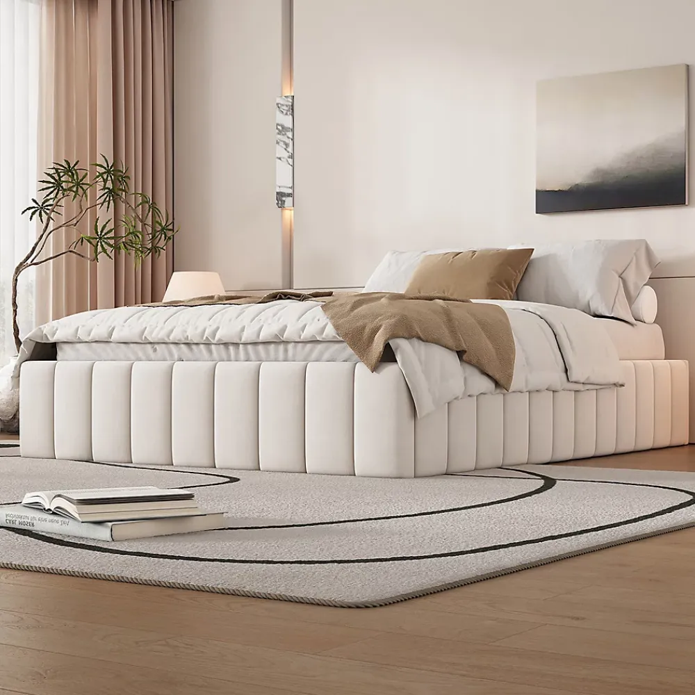 Gutent Lit adulte lit 140x200 cm lit rembourré avec 4 tiroirs Single velours beige* Lit Avec Rangement