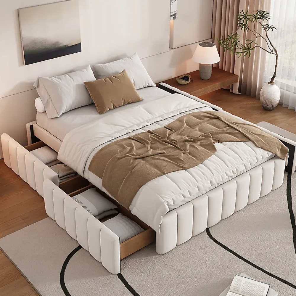 Gutent Lit adulte lit 140x200 cm lit rembourré avec 4 tiroirs Single velours beige* Lit Avec Rangement