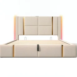 Lit adulte lit 180x200 cm lit rembourré lit de rangement lit sommier à lattes en bois lit double lin beige>Gutent Online