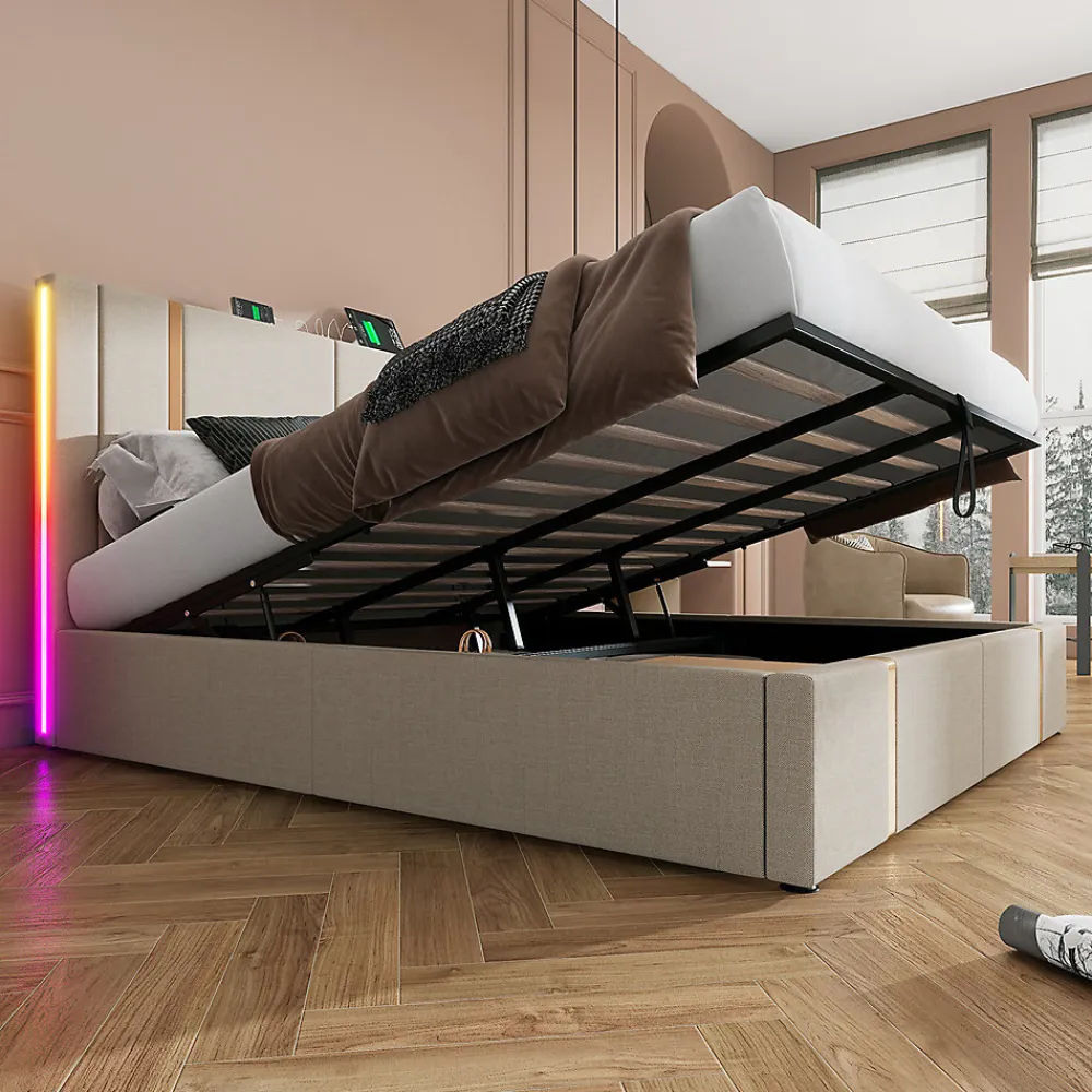 Lit adulte lit 180x200 cm lit rembourré lit de rangement lit sommier à lattes en bois lit double lin beige>Gutent Online