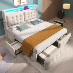 Gutent Lit adulte lit 180x200 cm lit rembourré lit 4 tiroirs lit de rangement avec sommier à lattes en bois lit double coton lin beige* Lit Avec Rangement