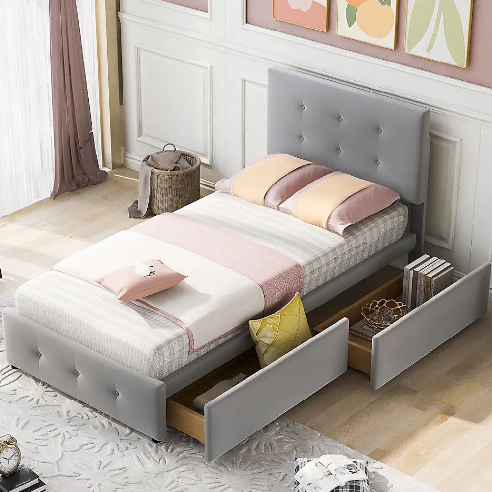 Lit adulte lit 90x200 cm lit rembourré lit 2 tiroirs lit sommier à lattes Single tissu en velours gris>Gutent Hot