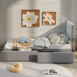 Lit adulte lit 90x200 cm lit rembourré lit 2 tiroirs lit sommier à lattes Single tissu en velours gris><noscript><img width=