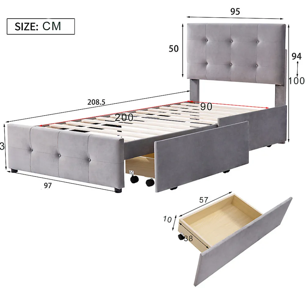 Lit adulte lit 90x200 cm lit rembourré lit 2 tiroirs lit sommier à lattes Single tissu en velours gris>Gutent Hot