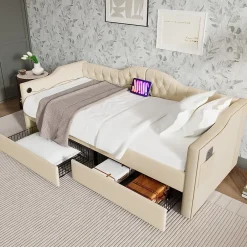 Gutent Lit adulte lit 90x200 cm lit rembourré avec 2 tiroirs Single velours beige* Lit Avec Rangement