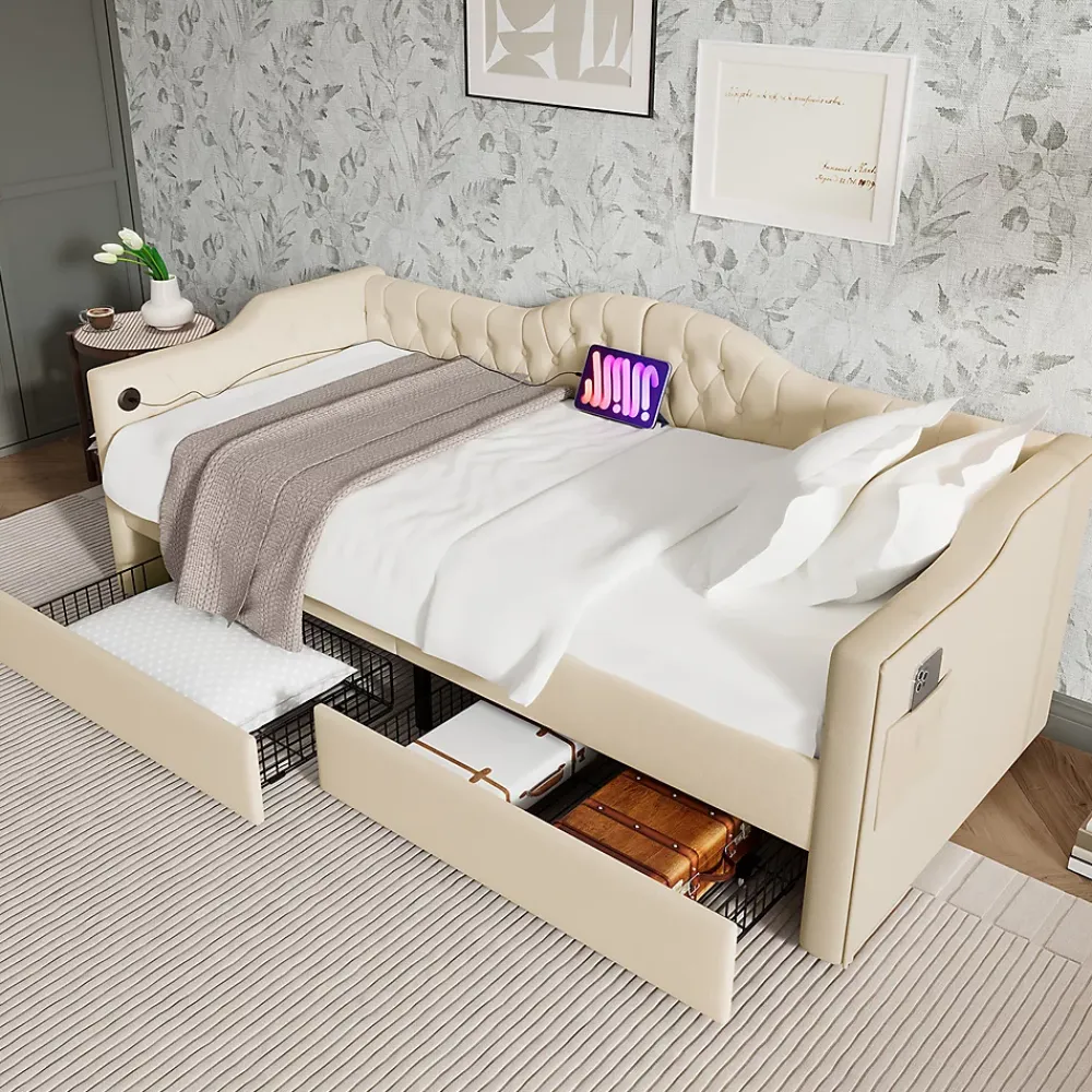 Gutent Lit adulte lit 90x200 cm lit rembourré avec 2 tiroirs Single velours beige* Lit Avec Rangement