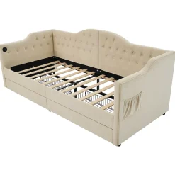 Gutent Lit adulte lit 90x200 cm lit rembourré avec 2 tiroirs Single velours beige* Lit Avec Rangement