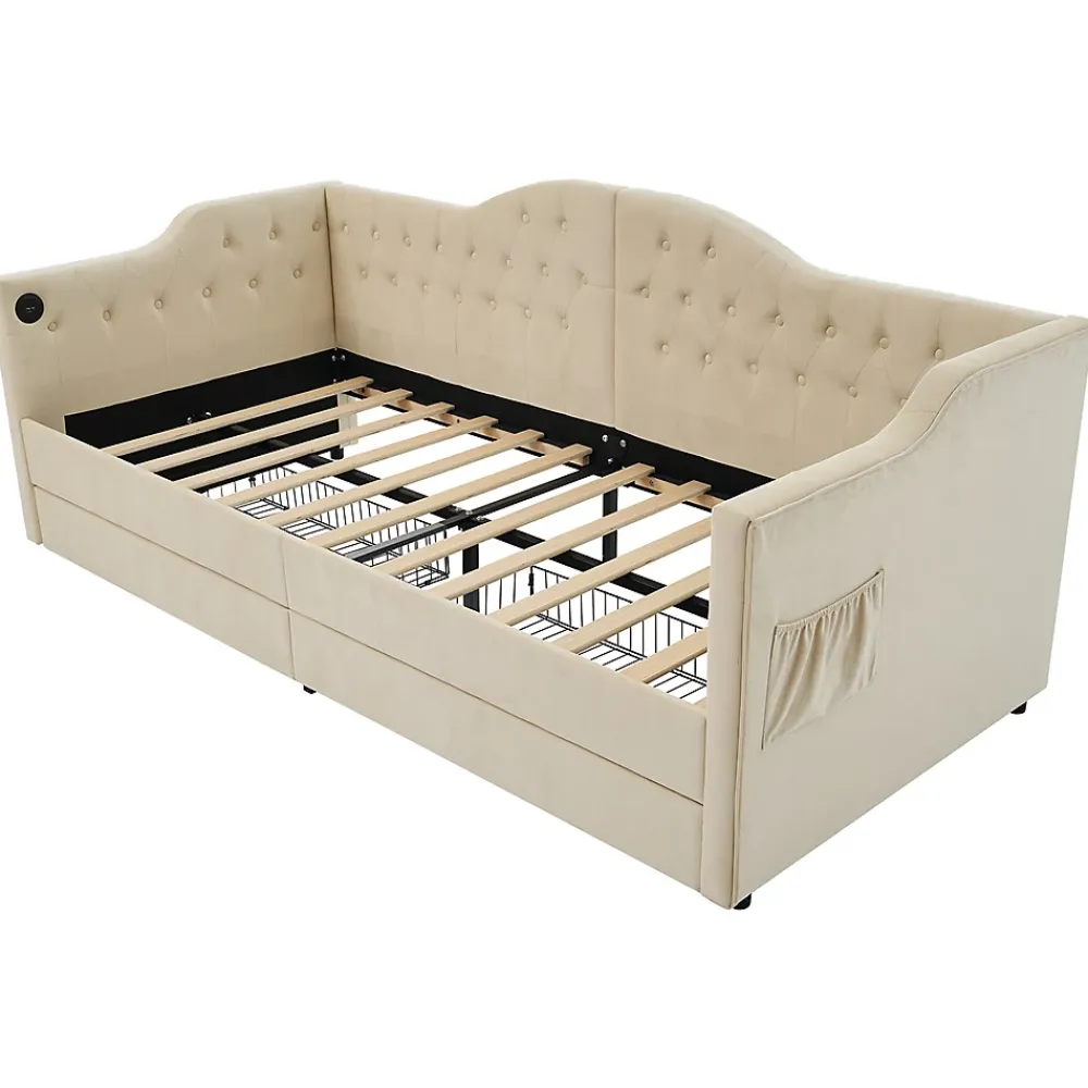 Gutent Lit adulte lit 90x200 cm lit rembourré avec 2 tiroirs Single velours beige* Lit Avec Rangement