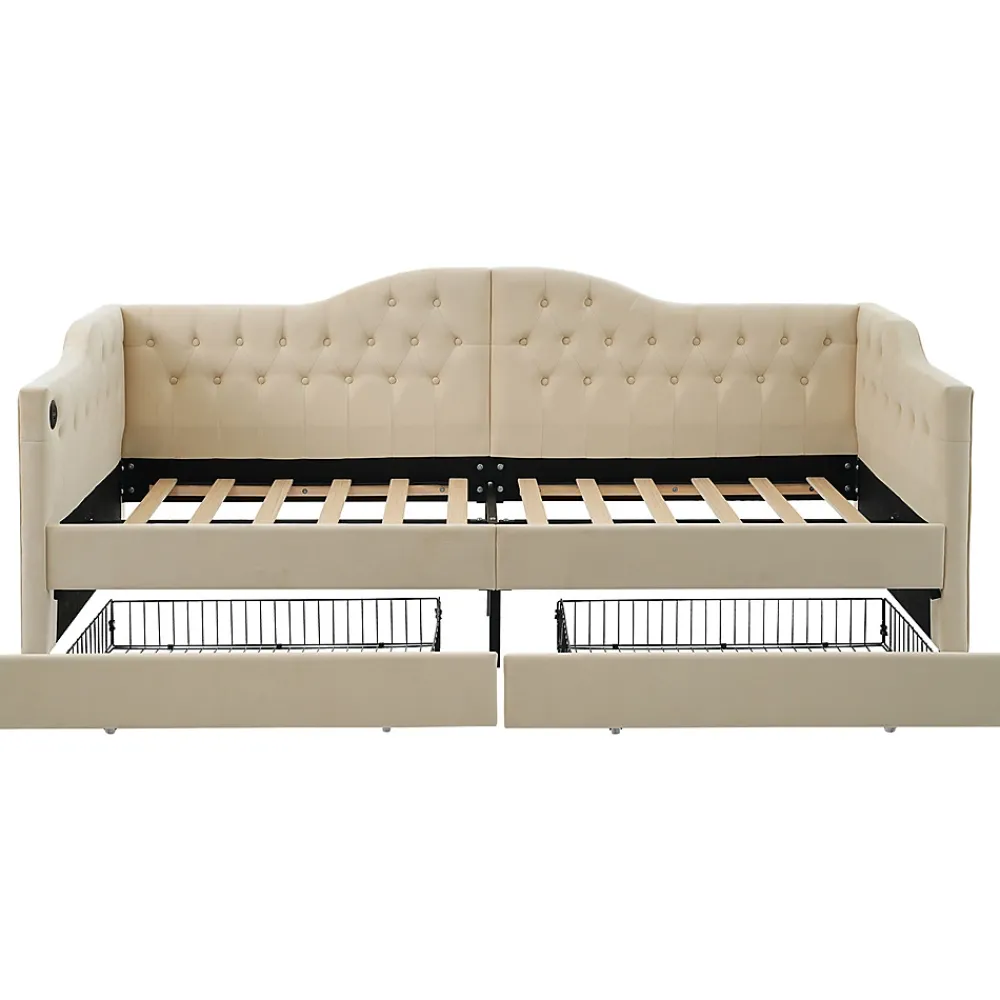 Gutent Lit adulte lit 90x200 cm lit rembourré avec 2 tiroirs Single velours beige* Lit Avec Rangement