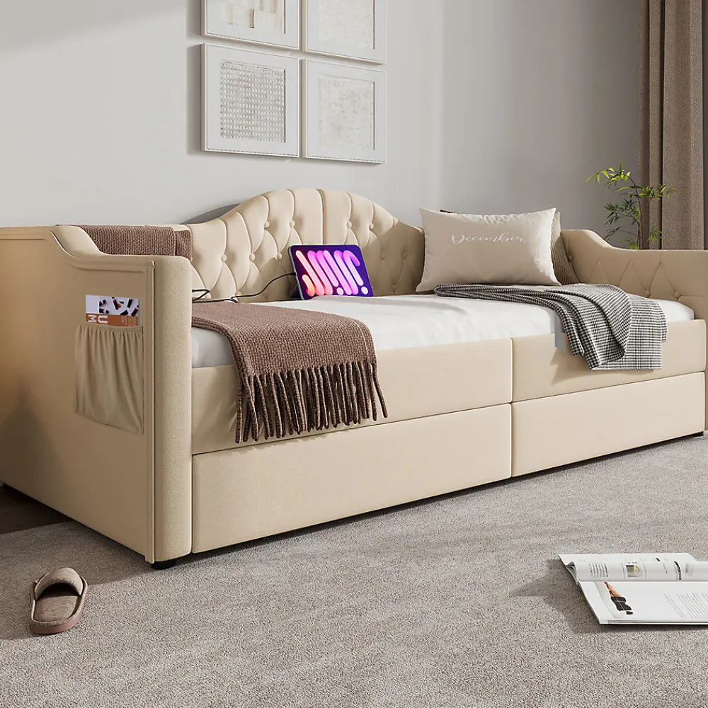 Gutent Lit adulte lit 90x200 cm lit rembourré avec 2 tiroirs Single velours beige* Lit Avec Rangement