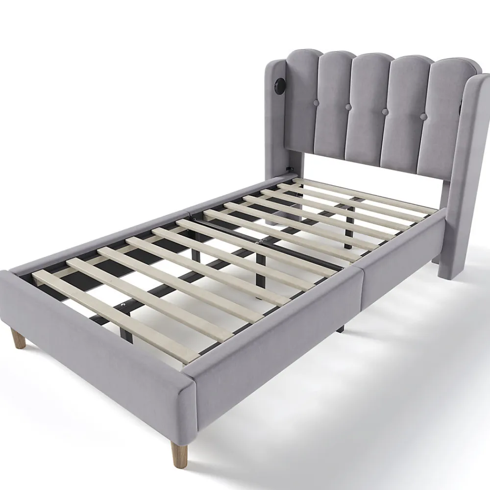 Lit adulte lit 90x200 cm lit rembourré avec fonction de charge usb type c Single lin gris>Gutent Online