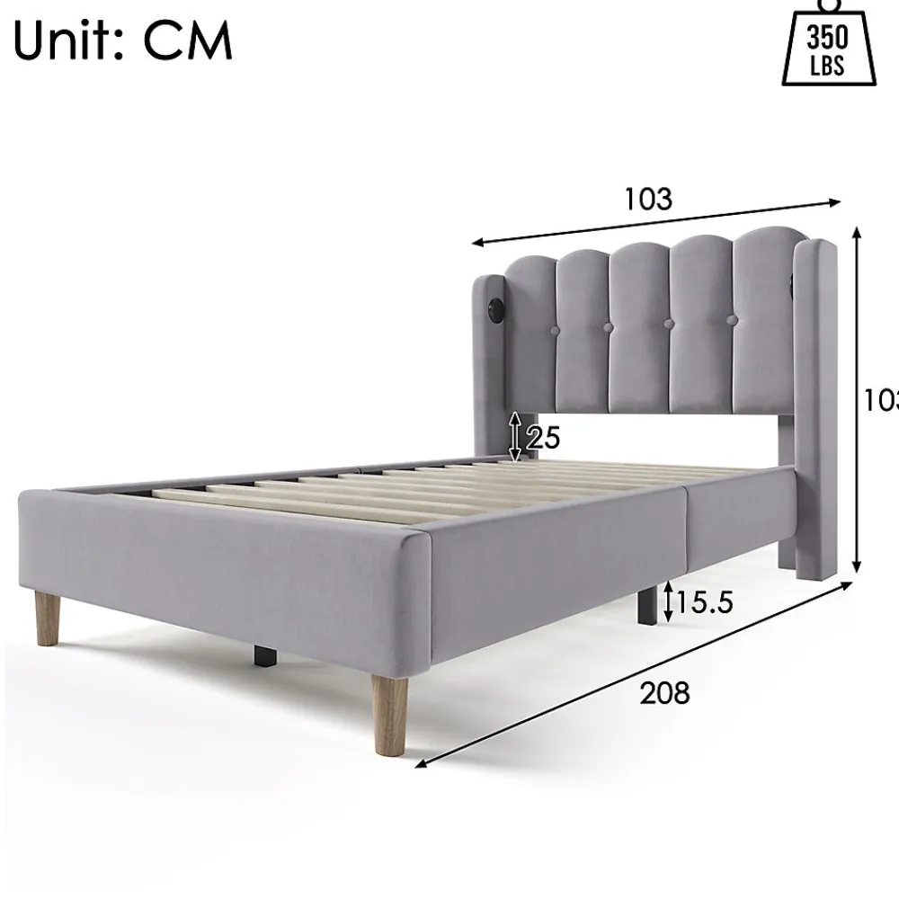 Lit adulte lit 90x200 cm lit rembourré avec fonction de charge usb type c Single lin gris>Gutent Online