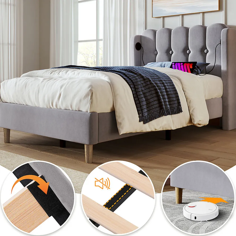 Lit adulte lit 90x200 cm lit rembourré avec fonction de charge usb type c Single lin gris>Gutent Online