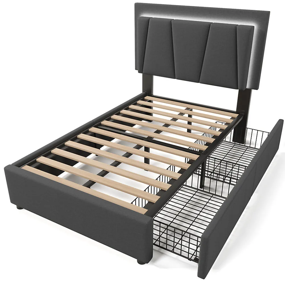 Lit adulte lit 90x200 cm lit rembourré lit eclairage led lit 2 tiroirs lit sommier à lattes en bois Single lin gris>Gutent Clearance