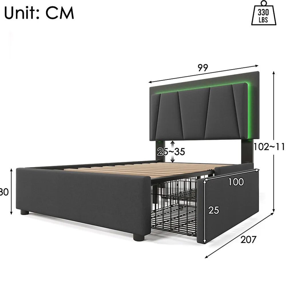 Lit adulte lit 90x200 cm lit rembourré lit eclairage led lit 2 tiroirs lit sommier à lattes en bois Single lin gris>Gutent Clearance