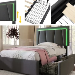 Lit adulte lit 90x200 cm lit rembourré lit eclairage led lit 2 tiroirs lit sommier à lattes en bois Single lin gris><noscript><img width=