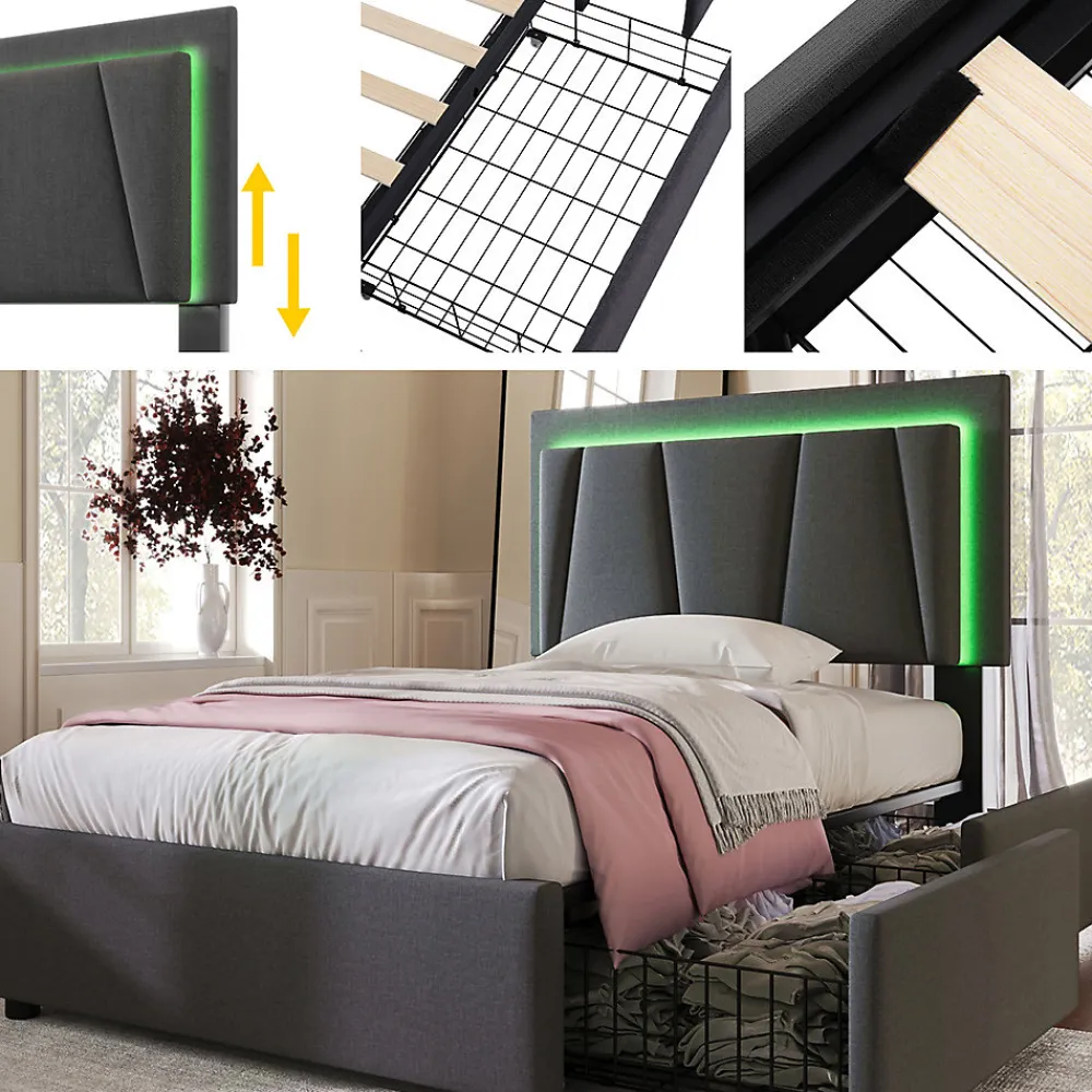 Lit adulte lit 90x200 cm lit rembourré lit eclairage led lit 2 tiroirs lit sommier à lattes en bois Single lin gris>Gutent Clearance