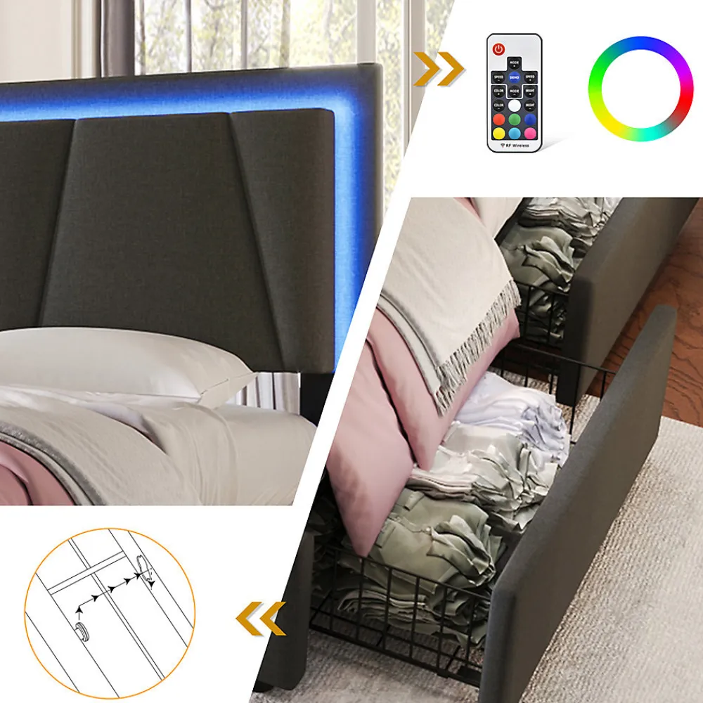 Lit adulte lit 90x200 cm lit rembourré lit eclairage led lit 2 tiroirs lit sommier à lattes en bois Single lin gris>Gutent Clearance