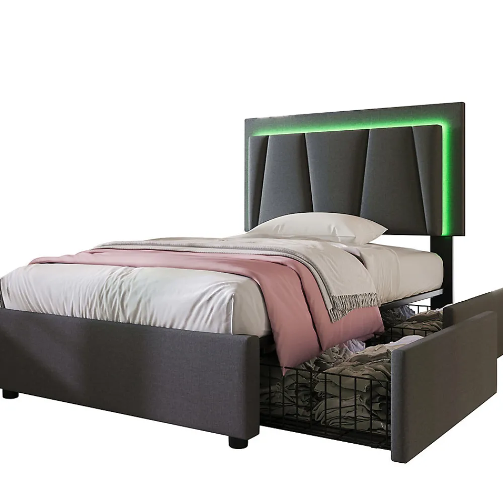 Lit adulte lit 90x200 cm lit rembourré lit eclairage led lit 2 tiroirs lit sommier à lattes en bois Single lin gris>Gutent Clearance
