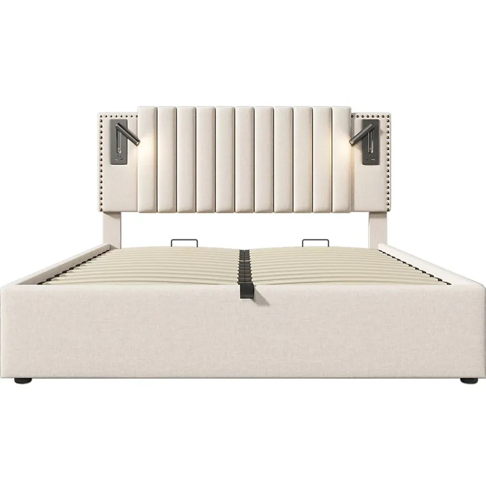 Gutent Lit adulte lit 180x200 cm lit rembourré lit de rangement avec sommier à lattes lit double coton beige* Lit Avec Rangement