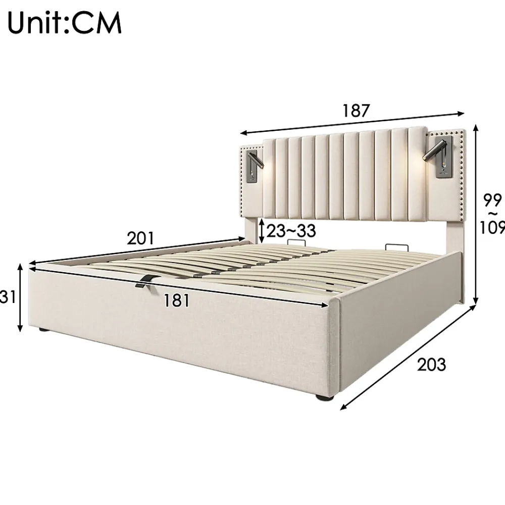 Gutent Lit adulte lit 180x200 cm lit rembourré lit de rangement avec sommier à lattes lit double coton beige* Lit Avec Rangement