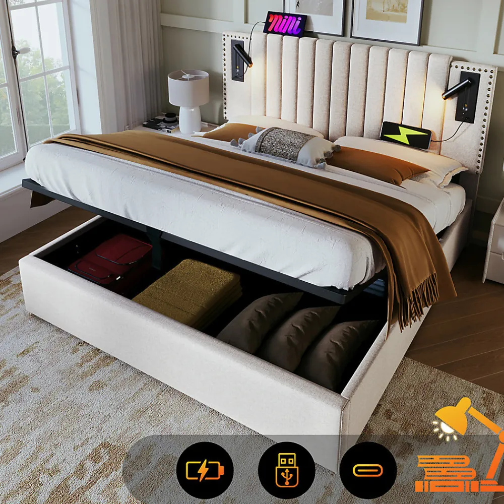Gutent Lit adulte lit 180x200 cm lit rembourré lit de rangement avec sommier à lattes lit double coton beige* Lit Avec Rangement