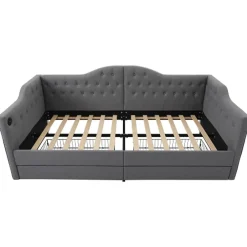 Gutent Lit adulte lit 90x200 cm lit rembourré avec 2 tiroirs Single lin gris* Lit Avec Rangement