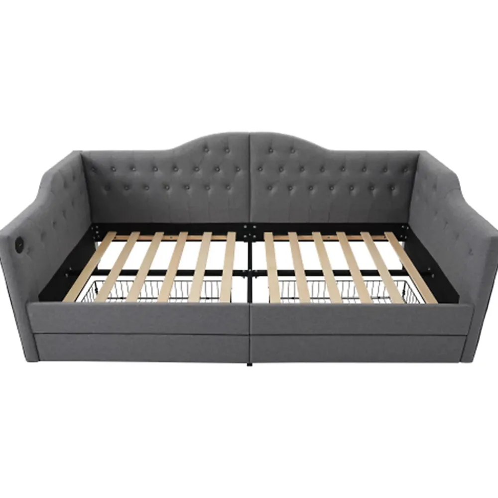Gutent Lit adulte lit 90x200 cm lit rembourré avec 2 tiroirs Single lin gris* Lit Avec Rangement