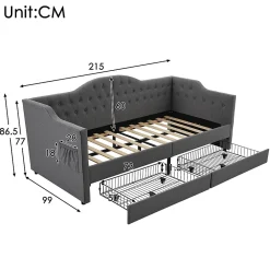 Gutent Lit adulte lit 90x200 cm lit rembourré avec 2 tiroirs Single lin gris* Lit Avec Rangement