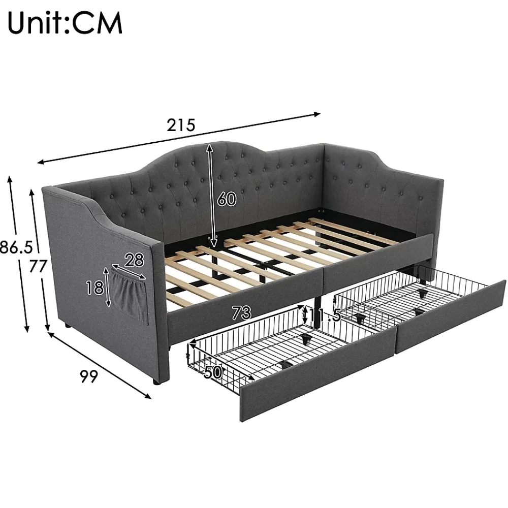 Gutent Lit adulte lit 90x200 cm lit rembourré avec 2 tiroirs Single lin gris* Lit Avec Rangement