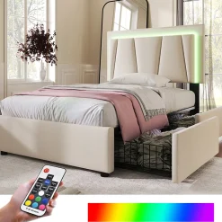 Lit adulte lit 90x200 cm lit rembourré lit eclairage led lit 2 tiroirs lit sommier à lattes en bois Single lin beige>Gutent New