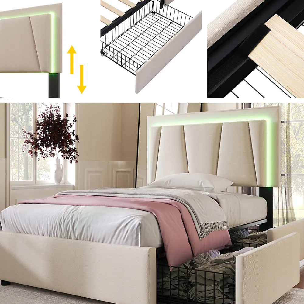 Lit adulte lit 90x200 cm lit rembourré lit eclairage led lit 2 tiroirs lit sommier à lattes en bois Single lin beige>Gutent New