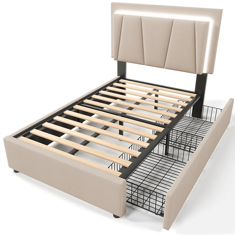 Lit adulte lit 90x200 cm lit rembourré lit eclairage led lit 2 tiroirs lit sommier à lattes en bois Single lin beige>Gutent New