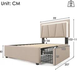 Lit adulte lit 90x200 cm lit rembourré lit eclairage led lit 2 tiroirs lit sommier à lattes en bois Single lin beige><noscript><img width=