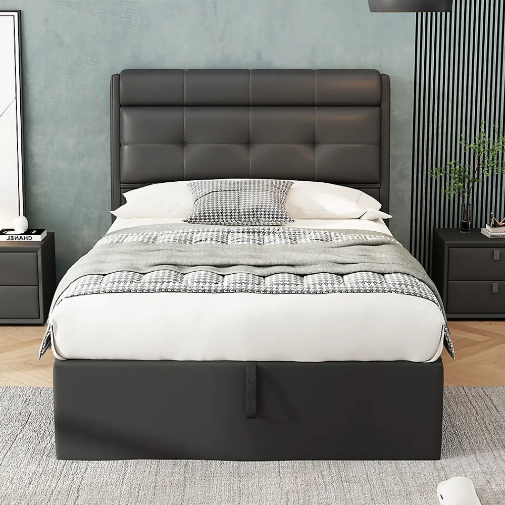 Lit adulte lit 90x200 cm lit rembourré hydraulique Single avec sommier à lattes pu noir>Gutent Hot