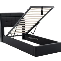 Lit adulte lit 90x200 cm lit rembourré hydraulique Single avec sommier à lattes pu noir><noscript><img width=