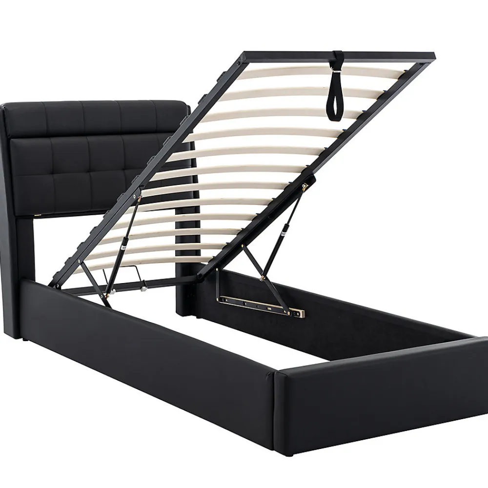 Lit adulte lit 90x200 cm lit rembourré hydraulique Single avec sommier à lattes pu noir>Gutent Hot