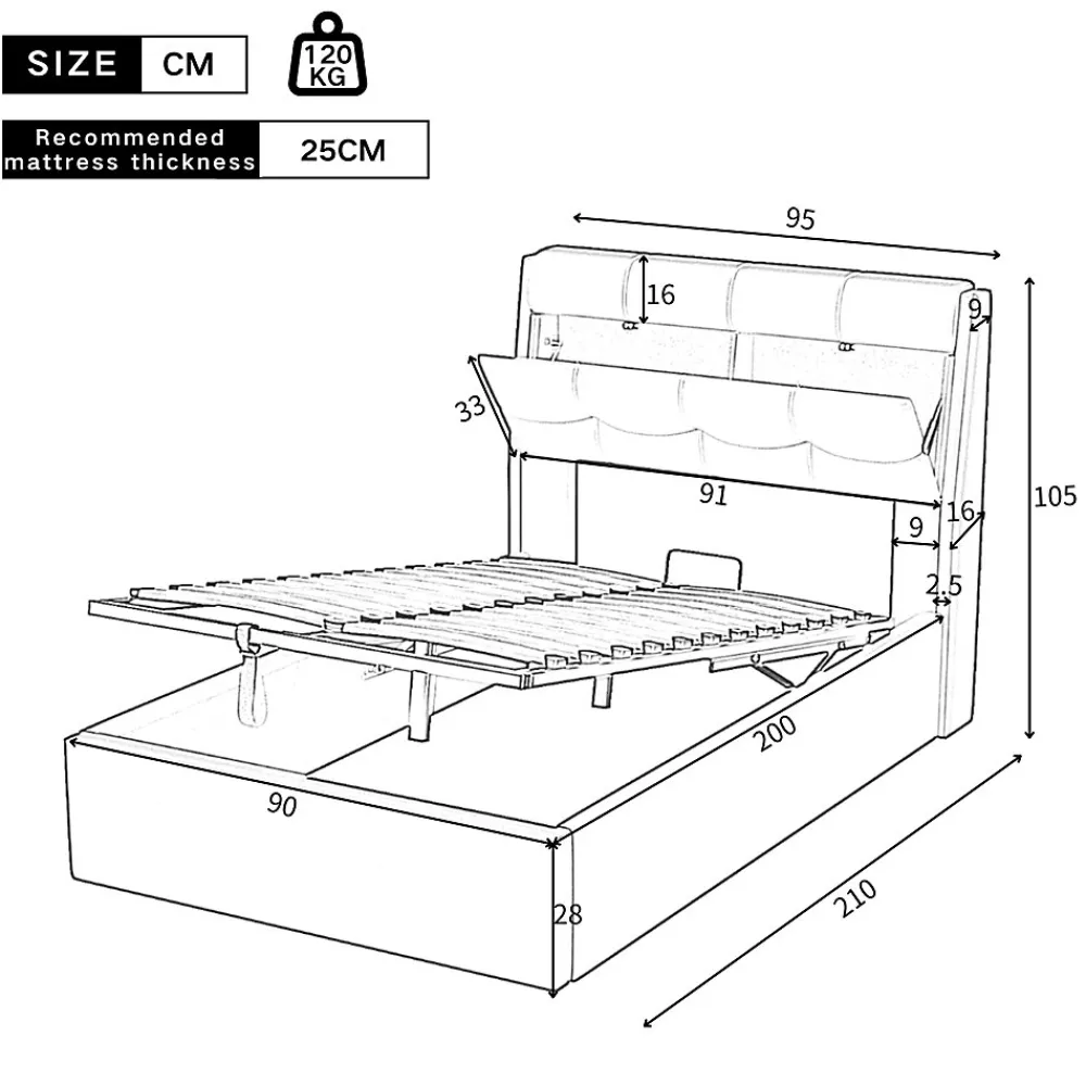 Lit adulte lit 90x200 cm lit rembourré hydraulique Single avec sommier à lattes pu noir>Gutent Hot