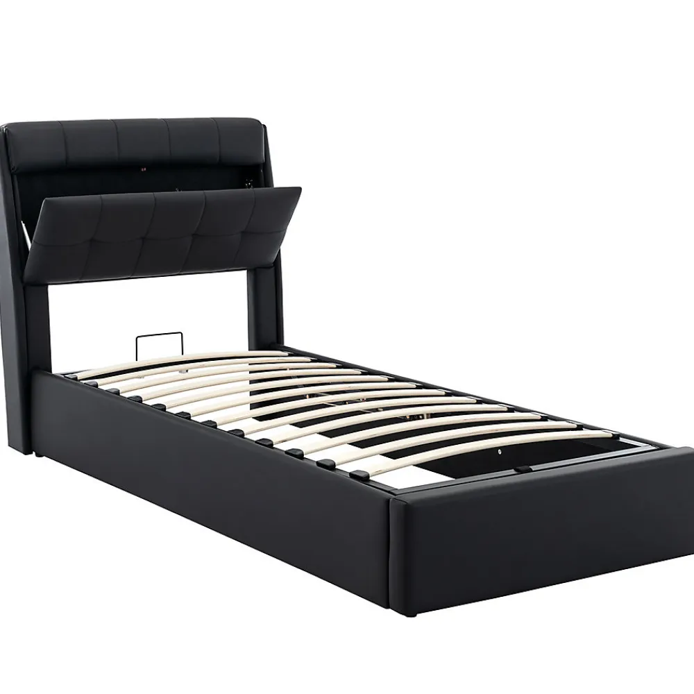 Lit adulte lit 90x200 cm lit rembourré hydraulique Single avec sommier à lattes pu noir>Gutent Hot