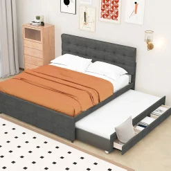 Lit adulte lit 140x200 cm lit rembourré avec trois tiroirs lit double lin gris>Gutent Outlet