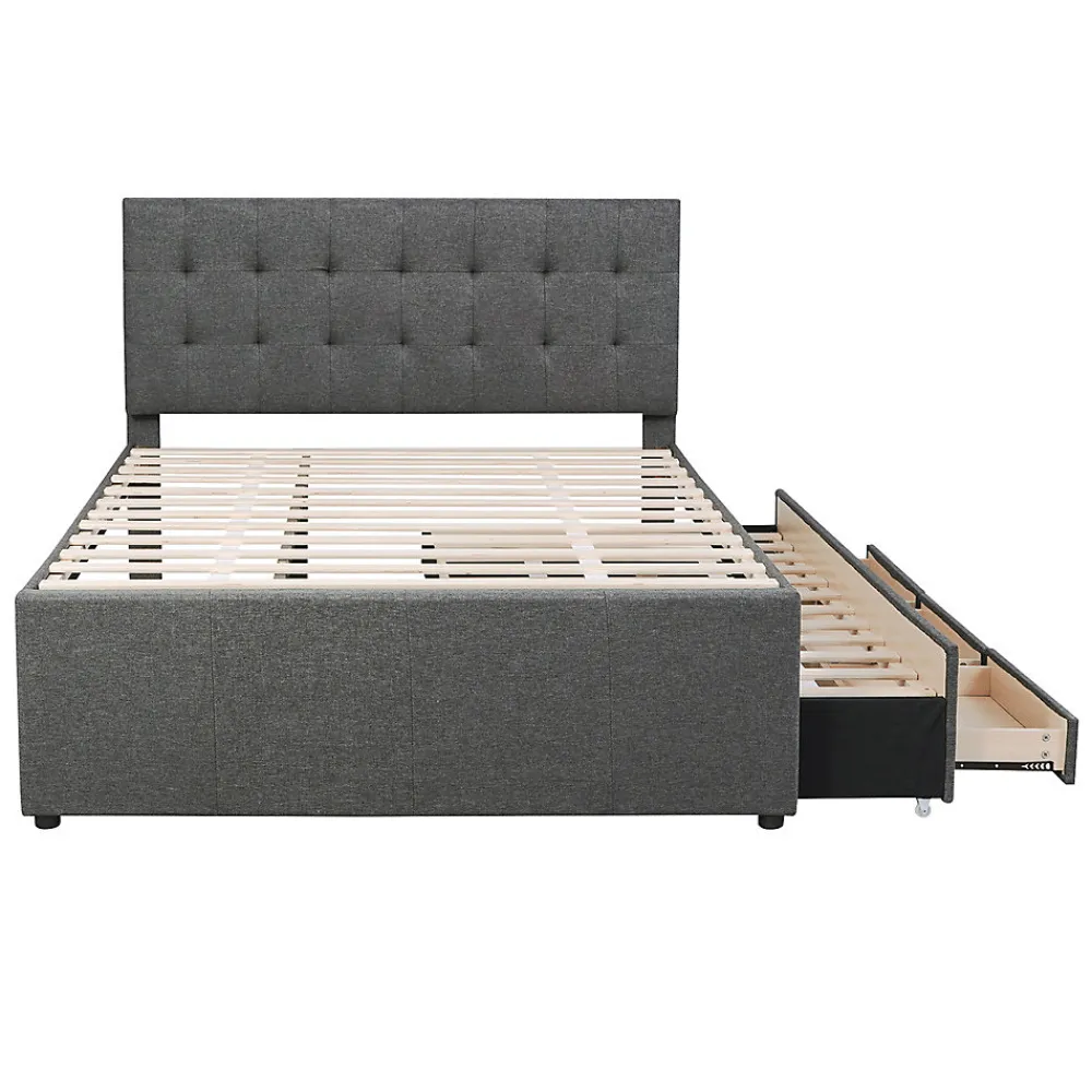Lit adulte lit 140x200 cm lit rembourré avec trois tiroirs lit double lin gris>Gutent Outlet